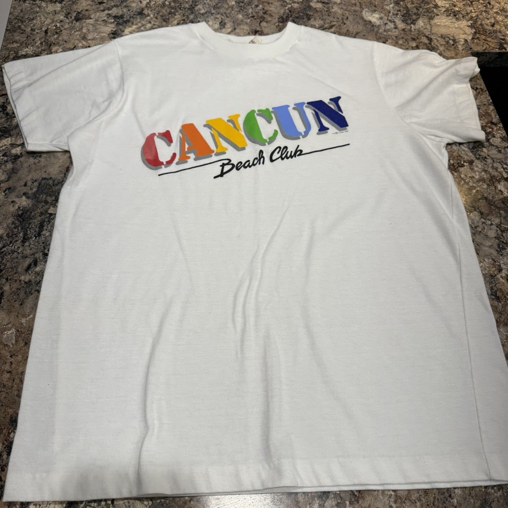 Vintage 90s Cancun Beach Club White T-shirt Unknown Size Single Stitch